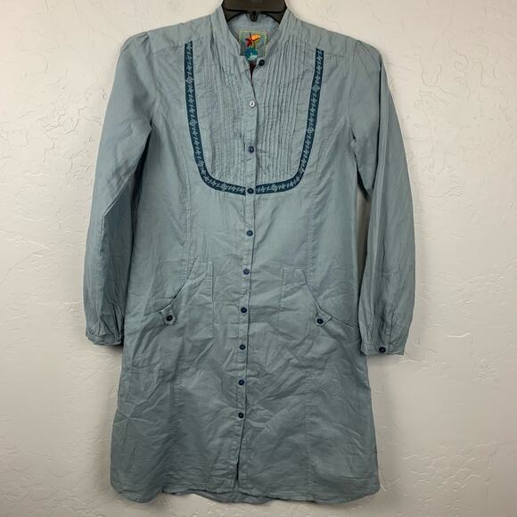 Johnny Was Shirt Dress Blue Painter Smock Embroidered Pockets Pintuck Size Small - Picture 1 of 10